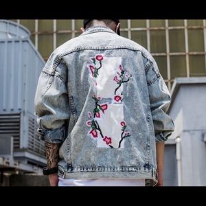 Urban Society mens embroidered denim street wear jean jacket sz XL Floral Bloom